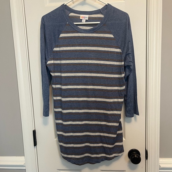 Tops - LuLaRoe “Randy” 3/4 sleeve T shirt blue with tan and brown stripes. Size Medium